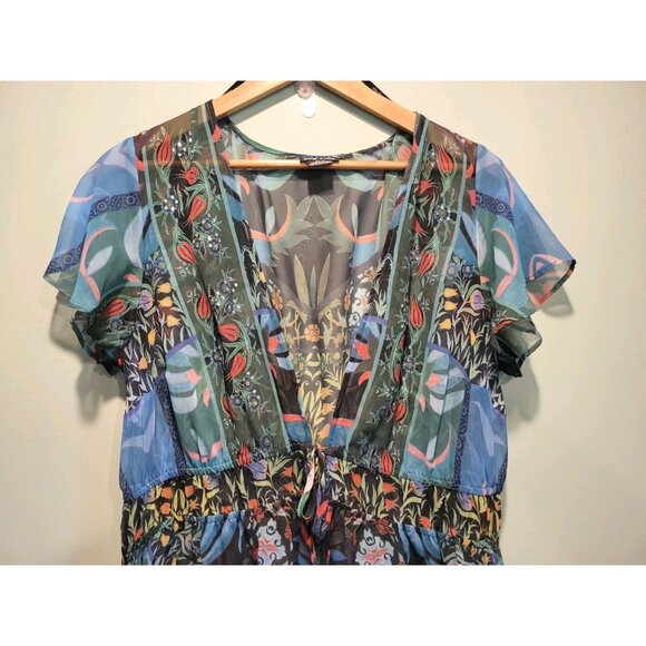 Sheer Flutter Sleeve Tie Waist Hi Lo Kimono Blue Green Fairy Boho Sequins Sz 14 - Picture 2 of 3